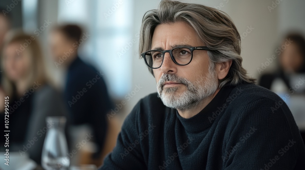Fototapeta premium Thoughtful Middle-Aged Man in Glasses Attending a Business Meeting