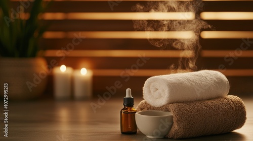 A serene spa setting featuring rolled towels, an essential oil bottle, steaming bowl, and soft candlelight in a tranquil environment.