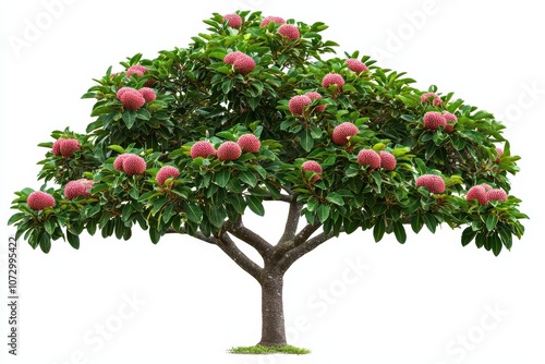 Mango tree with ripe fruits, lush green leaves, white isolated background.