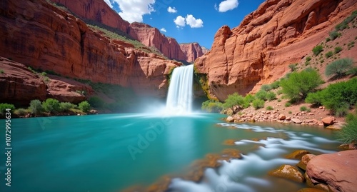 Fototapeta Naklejka Na Ścianę i Meble -  Havasu Falls, Arizona, USA, turquoise waterfall plunging into a natural pool surrounded by red rocks, capturing the serene beauty of Arizona’s desert oasis.