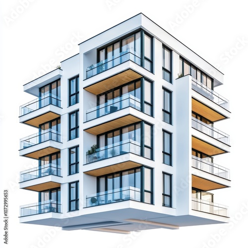 Modern apartment building with balconies, white isolate background.