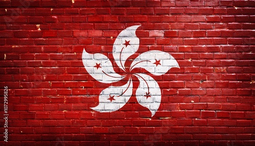 香港の旗がペイントされたレンガの壁。(Brick wall painted with the Hong Kong flag.) 