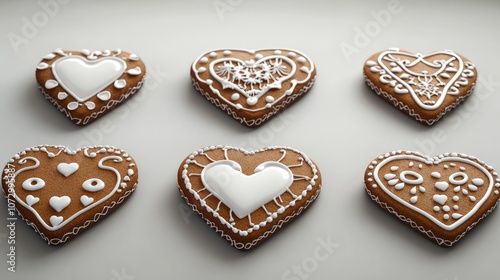 Decorative Heart-Shaped Gingerbread Cookies with Intricate Icing Designs