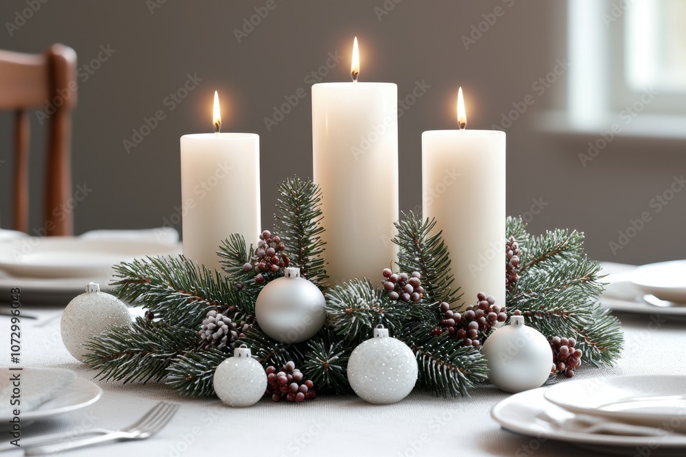 A beautifully set dining table featuring white candles surrounded by evergreen foliage and ornaments, creating a cozy, festive atmosphere A beautifully set dining table featuring white candles surrounded by evergreen foliage and ornaments, creating a cozy, festive atmosphere
