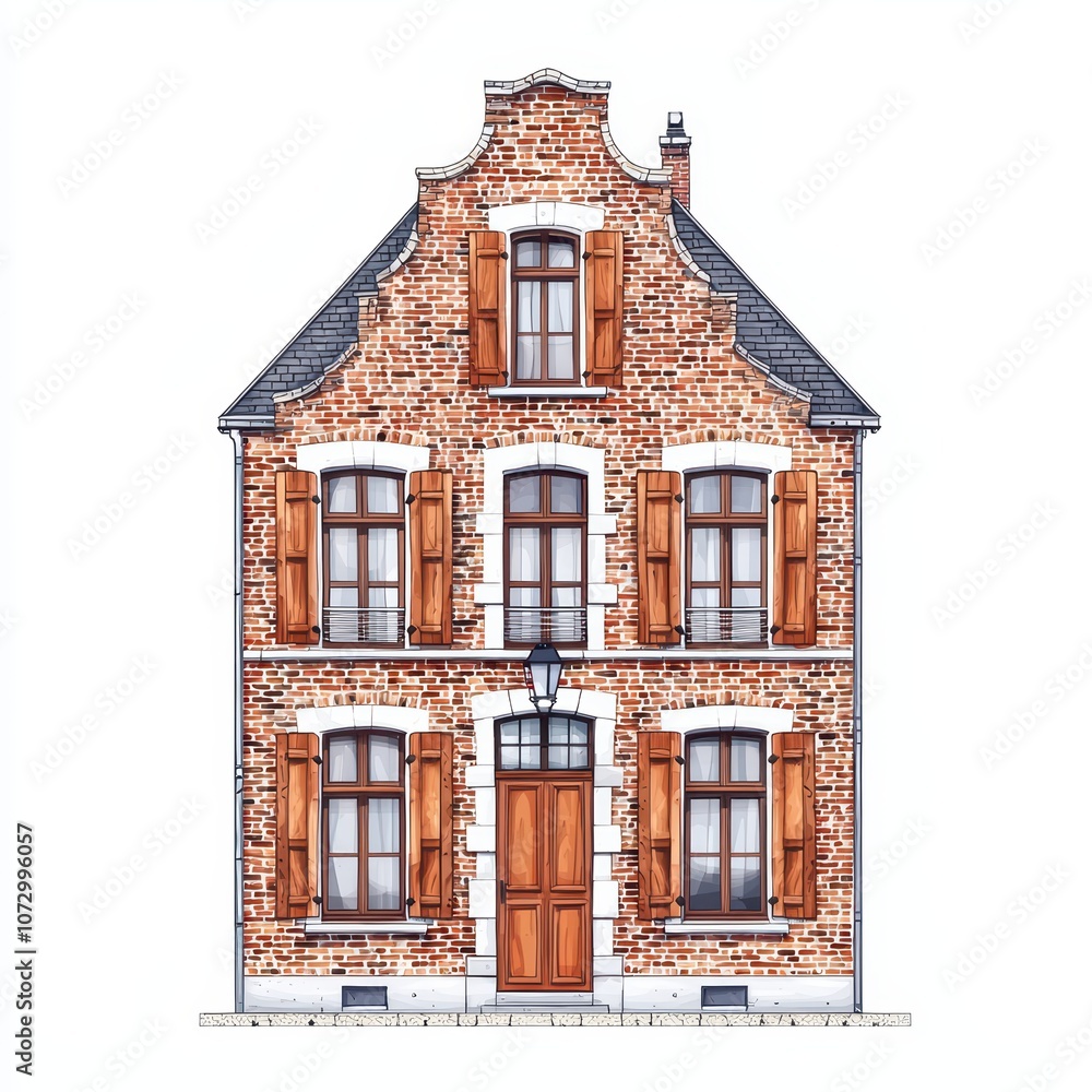Old brick house with wooden shutters and a charming gabled roof, isolated on white background. Old brick house with wooden shutters and a charming gabled roof, isolated on white background.