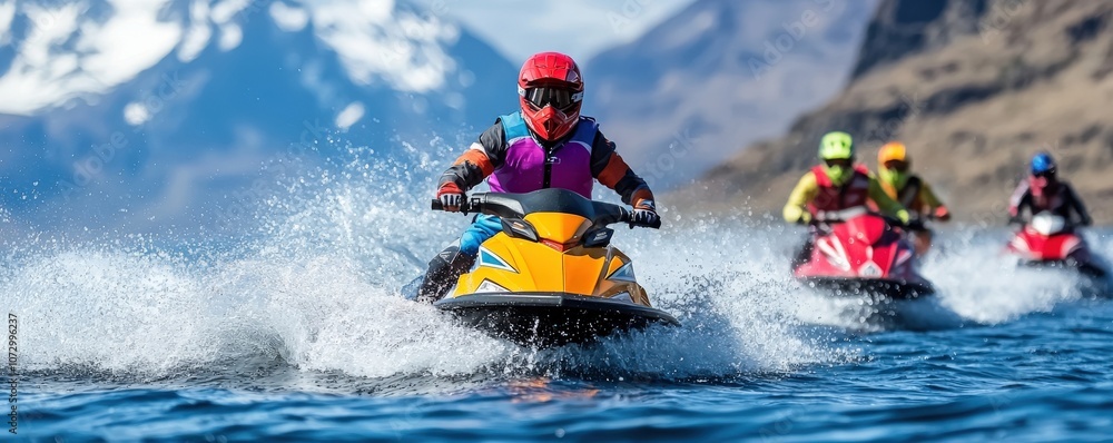 A vibrant scene of four individuals riding jet skis across a lake with mountains in the background, splashing through the water on a sunny day. A vibrant scene of four individuals riding jet skis across a lake with mountains in the background, splashing through the water on a sunny day.