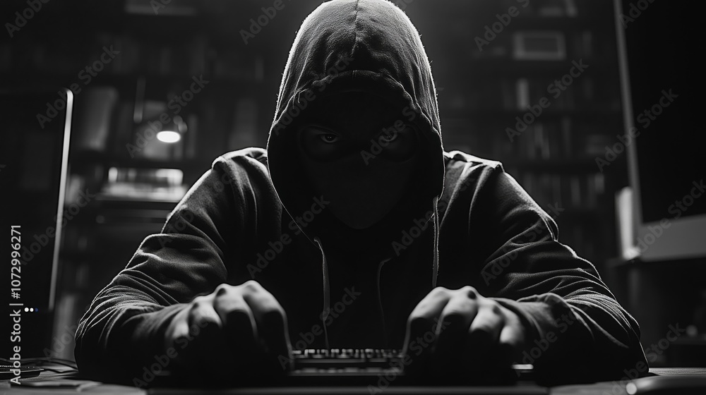 Fototapeta premium A hooded man intensely types at a keyboard