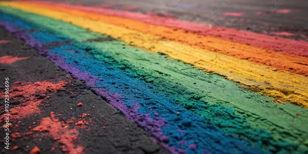 Obraz premium A close-up view of vibrant, textured powder pigments in the colors of a rainbow, creating a beautiful, abstract composition.