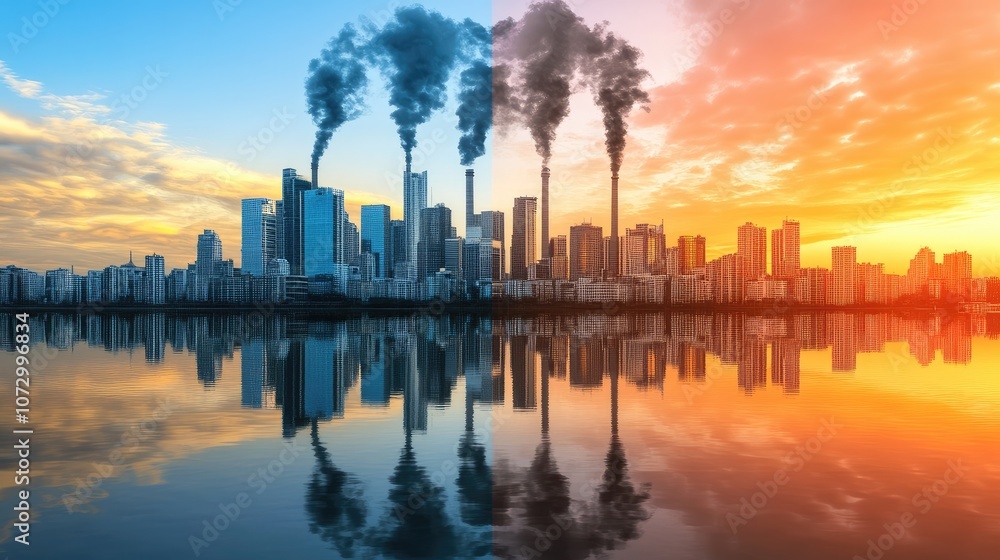 Cityscape Divided: Pollution and Clean Air Contrast in Urban Skyline Reflection Cityscape Divided: Pollution and Clean Air Contrast in Urban Skyline Reflection