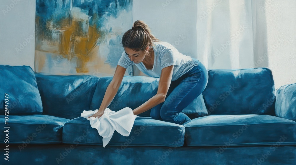 Woman cleaning blue sofa removing stains with white cloth