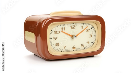 Retro Alarm Clock: A stylish brown and cream vintage-style alarm clock, perfect for adding a touch of nostalgia to your home decor or project. photo