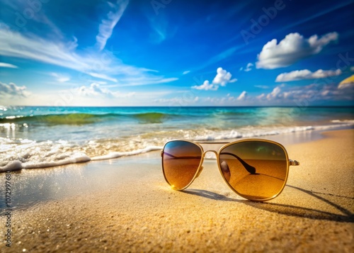 Relaxing Summer Vibes: Sunglasses on Sandy Beach with Ocean Waves in the Background, Perfect for Vacation and Leisure Photography