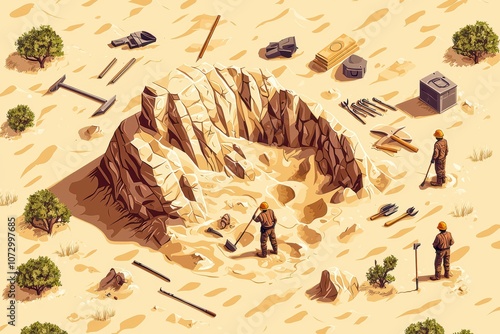Workers excavate in a desert landscape with tools, surrounded by rocks and shrubs.