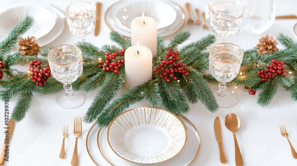 A festive dining table set with elegant tableware, candles, and a seasonal centerpiece of greenery and berries, ideal for holiday celebrations