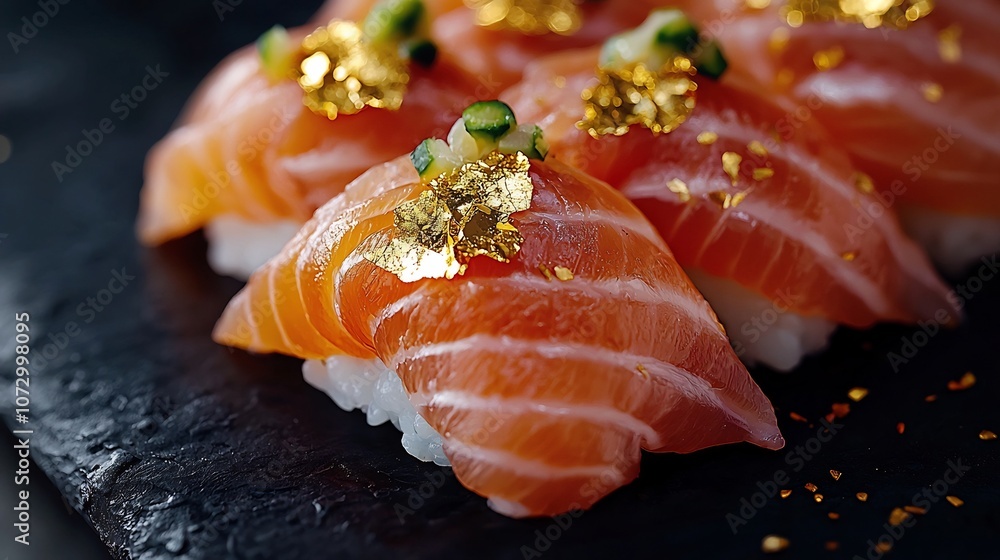 Sashimi with Edible Gold Leaf Garnish on Dark Background,High-End Luxury Presentation Sashimi with Edible Gold Leaf Garnish on Dark Background,High-End Luxury Presentation