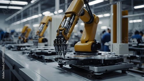 Robotic arms performing precision assembly work in a modern manufacturing facility. Generative AI