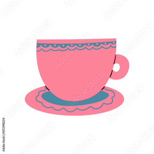 Tea or coffee vintage cup vector illustration. Cartoon vintage teacup for afternoon tea ceremony party or breakfast, retro flower, leaf, stripes hand drawn pattern on cup and mug 