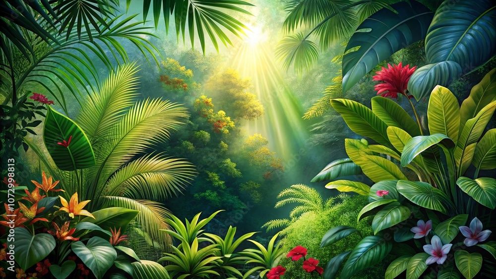 A lush jungle canopy, bathed in ethereal sunlight, showcasing vibrant foliage and delicate blossoms, whispering secrets of a hidden paradise A lush jungle canopy, bathed in ethereal sunlight, showcasing vibrant foliage and delicate blossoms, whispering secrets of a hidden paradise