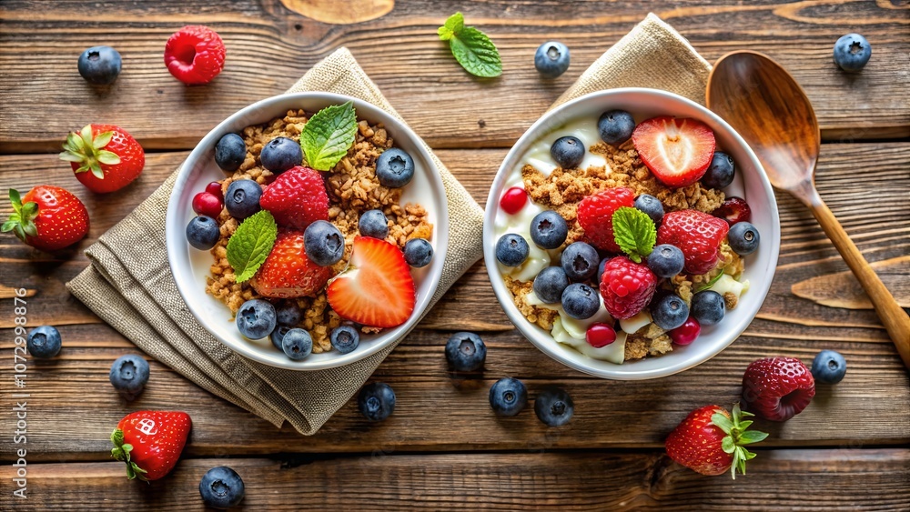 Aromatic Morning Delight A Close-up of Two Bowls Filled with Creamy Yogurt, Crunchy Granola, and Vibrant Red and Blue Berries, Adorned with Fresh Mint Leaves on a Rustic Wooden Table Aromatic Morning Delight A Close-up of Two Bowls Filled with Creamy Yogurt, Crunchy Granola, and Vibrant Red and Blue Berries, Adorned with Fresh Mint Leaves on a Rustic Wooden Table