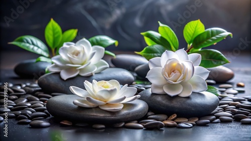 Serene Composition of White Gardenia Blossoms and Zen Black Stones in a Minimalist Setting for Tranquil Home Decor and Wellness Imagery