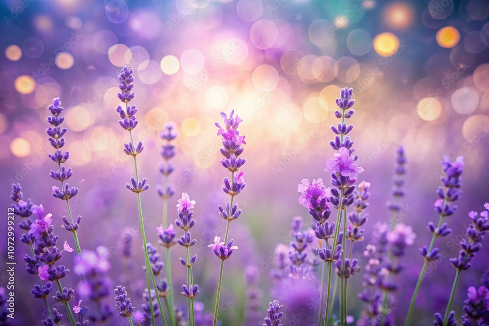 Obraz premium Serene Lavender Fields in Bloom Captured with Dreamy Bokeh Effect for a Tranquil Nature Experience, Perfect for Relaxation, Wellness, and Aesthetic Home Decor