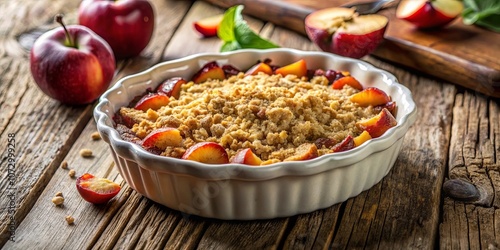 Wallpaper Mural A golden brown crumble topping covers a bed of sweet, juicy fruit in a white baking dish, resting on a rustic wooden table. Torontodigital.ca