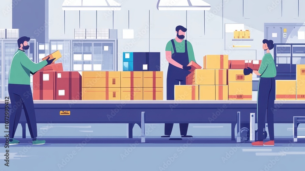 Employees placing picked items on conveyor belt for packing Employees placing picked items on conveyor belt for packing