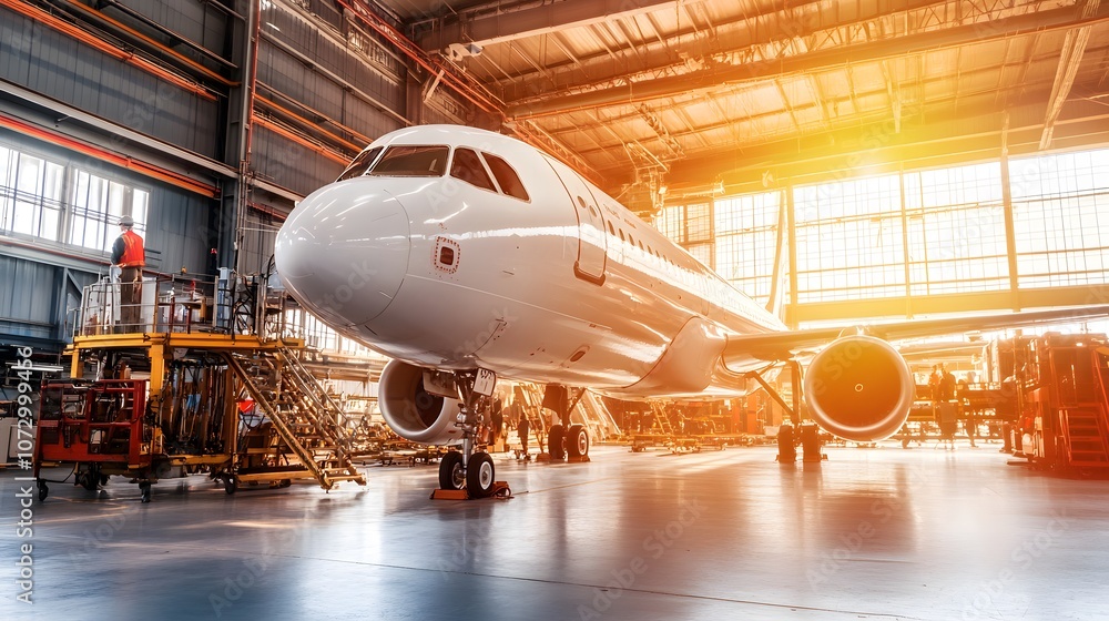 Aircraft manufacturing facility with engineers working on large airplane assembly, showcasing advanced technology and precision engineering in aviation industry. Aircraft manufacturing facility with engineers working on large airplane assembly, showcasing advanced technology and precision engineering in aviation industry.