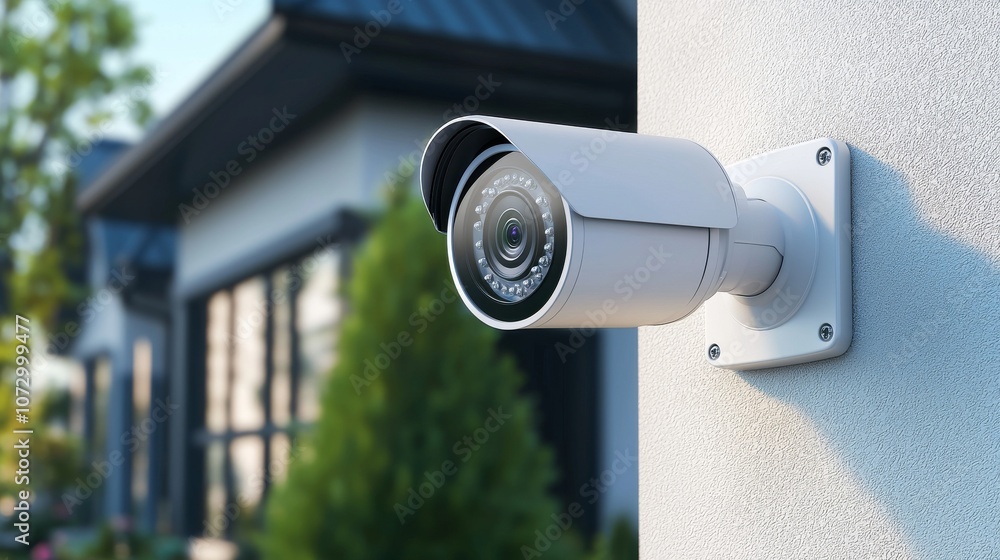 A security camera mounted on a wall monitors a residential area, showcasing modern surveillance technology and home safety features. A security camera mounted on a wall monitors a residential area, showcasing modern surveillance technology and home safety features.