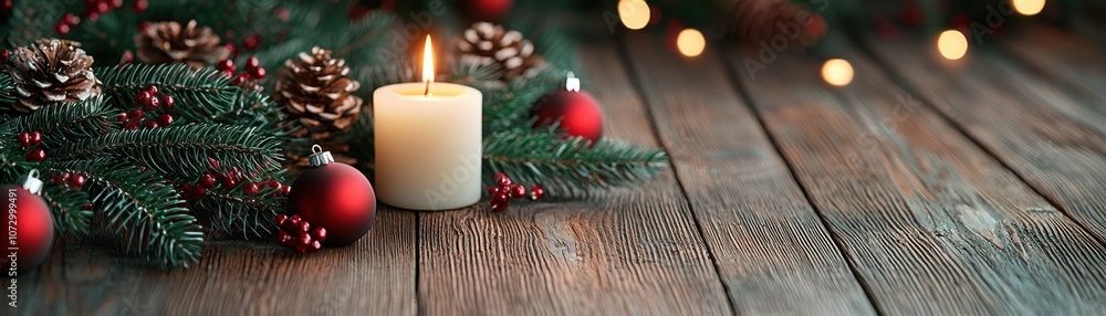 A tranquil Christmas scene featuring a lit candle surrounded by pine branches, ornaments, and soft lights on a rustic wooden surface A tranquil Christmas scene featuring a lit candle surrounded by pine branches, ornaments, and soft lights on a rustic wooden surface