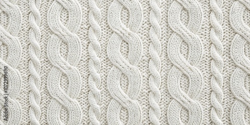 A close-up of a soft, white knitted fabric with a classic cable knit pattern, showcasing the intricate texture and woven loops that create a cozy and inviting look.