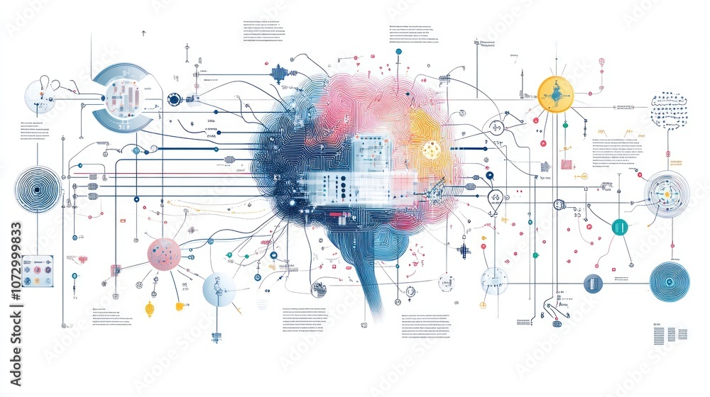 An abstract illustration of a brain with connected nodes and lines representing various aspects of technology and the human mind. An abstract illustration of a brain with connected nodes and lines representing various aspects of technology and the human mind.