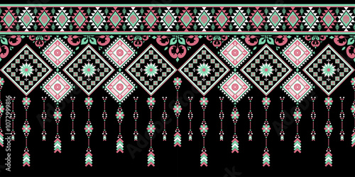 Tribal ikat vector seamless pattern. Black color. Native American ornament. Ethnic South Western decor style. Fabric pattern . Vector seamless pattern. Mexican blanket, rug. Woven carpet illustration.