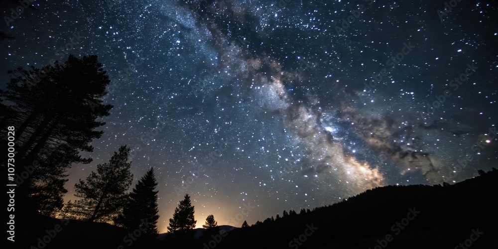 A silhouette of trees stands tall against a canvas of twinkling stars, the Milky Way stretching across the night sky like a river of stardust. A silhouette of trees stands tall against a canvas of twinkling stars, the Milky Way stretching across the night sky like a river of stardust.