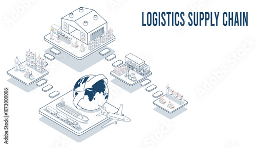 Supply chain logistics optimizes the flow of goods through integrated fleet management, warehousing, and inventory control across the entire supply chain network. Vector illustration eps10