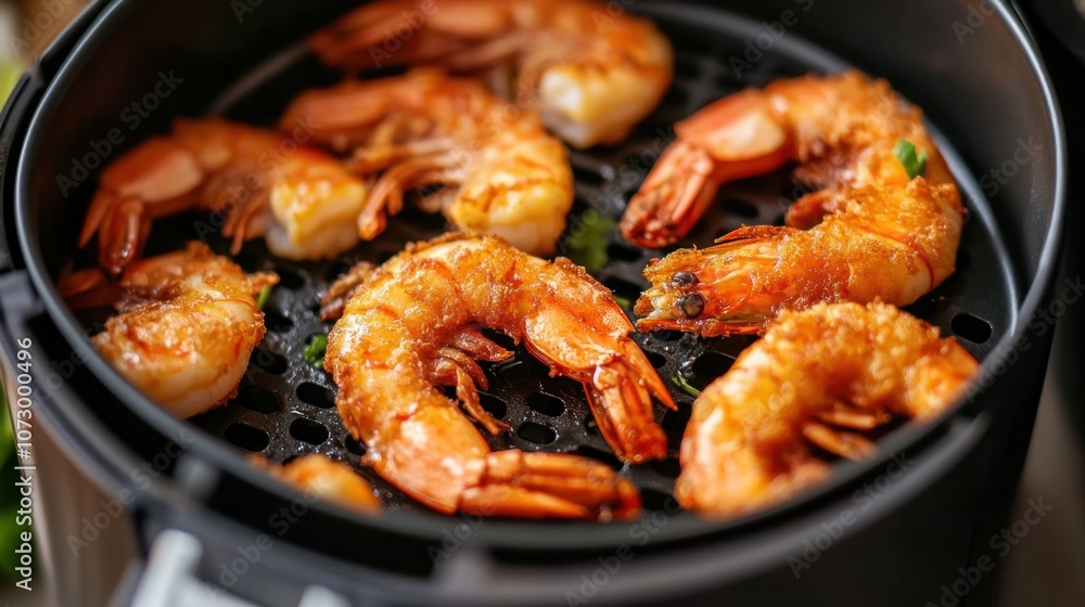 Freshly Cooked Tempura Prawns in an Air Fryer Freshly Cooked Tempura Prawns in an Air Fryer
