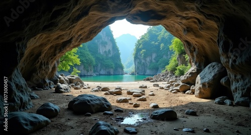 Son Doong Cave, Vietnam, immense underground cave with lush vegetation and natural skylight, highlighting the world’s largest cave and its mysterious beauty. photo