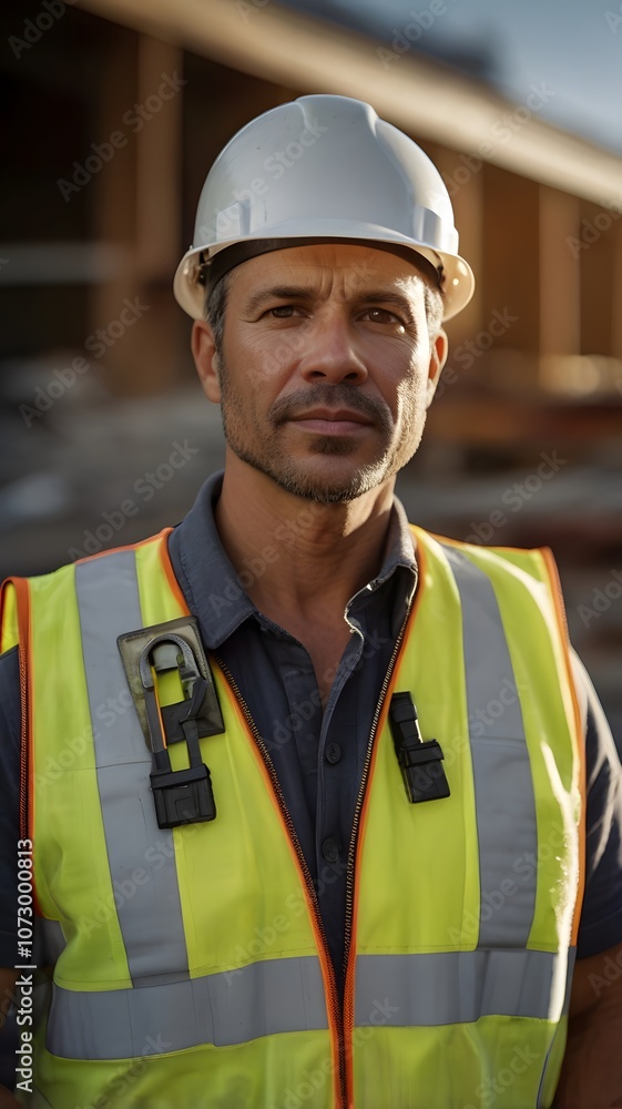 Determined construction worker in safety gear stands confidently at a bustling job site during the golden hour. Generative AI Determined construction worker in safety gear stands confidently at a bustling job site during the golden hour. Generative AI