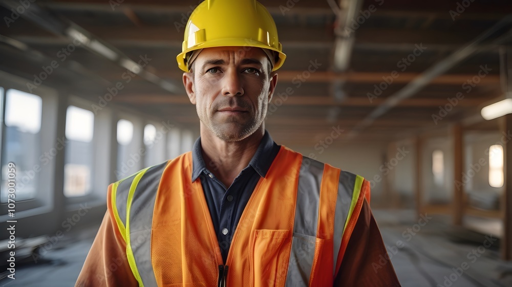 Dedicated construction worker in a bright safety vest and helmet oversees work progress at a bustling construction site. Generative AI Dedicated construction worker in a bright safety vest and helmet oversees work progress at a bustling construction site. Generative AI