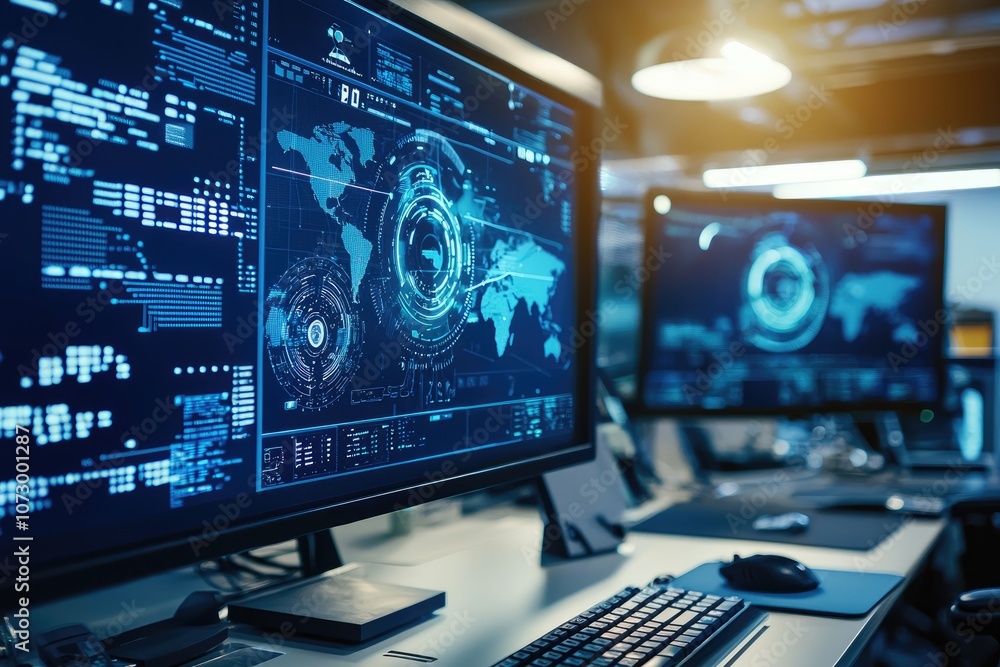 A digital security camera monitoring a computer system in a tech hub. A digital security camera monitoring a computer system in a tech hub.