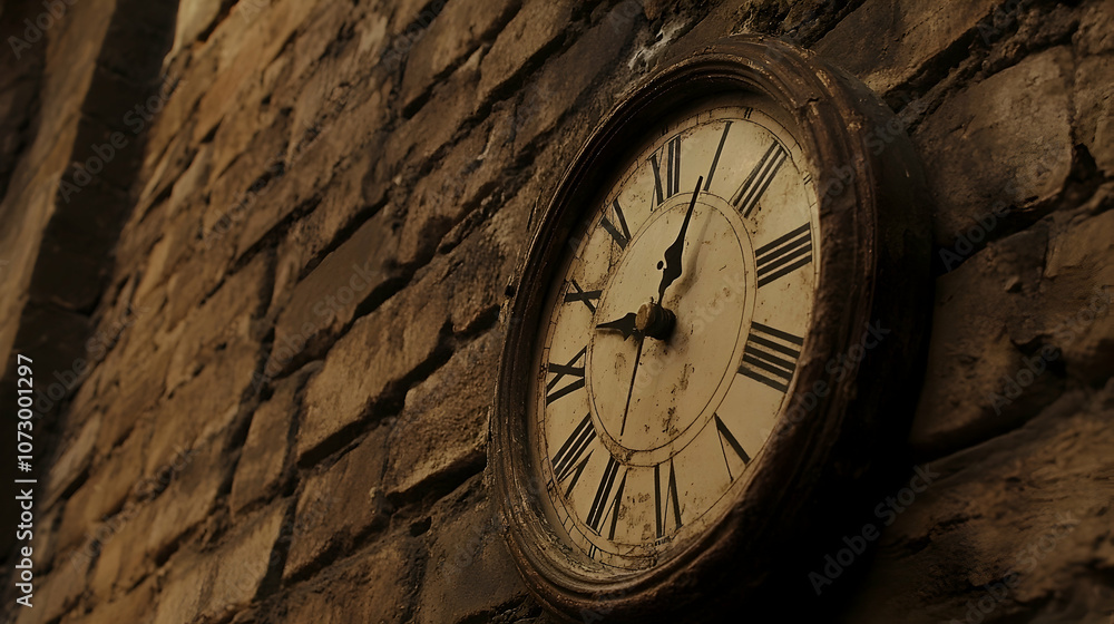 Fototapeta premium A vintage, round clock hangs on a brick wall with Roman numerals and weathered hands.