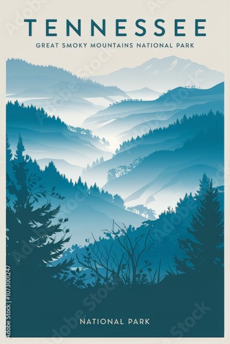 Vintage Travel Poster of Great Smoky Mountains National Park, Tennessee - Serene Blue Landscape with Majestic Peaks and Lush Forests.