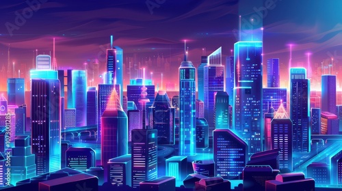 Neon-lit futuristic cityscape with vibrant colors, illustrating a technology concept that highlights innovation and dynamic urban life. photo