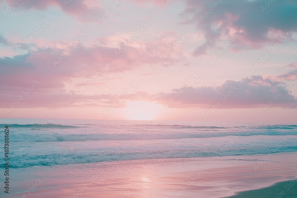 A vibrant, pastel-colored sunset with soft cloud formations over a serene beach. A vibrant, pastel-colored sunset with soft cloud formations over a serene beach.