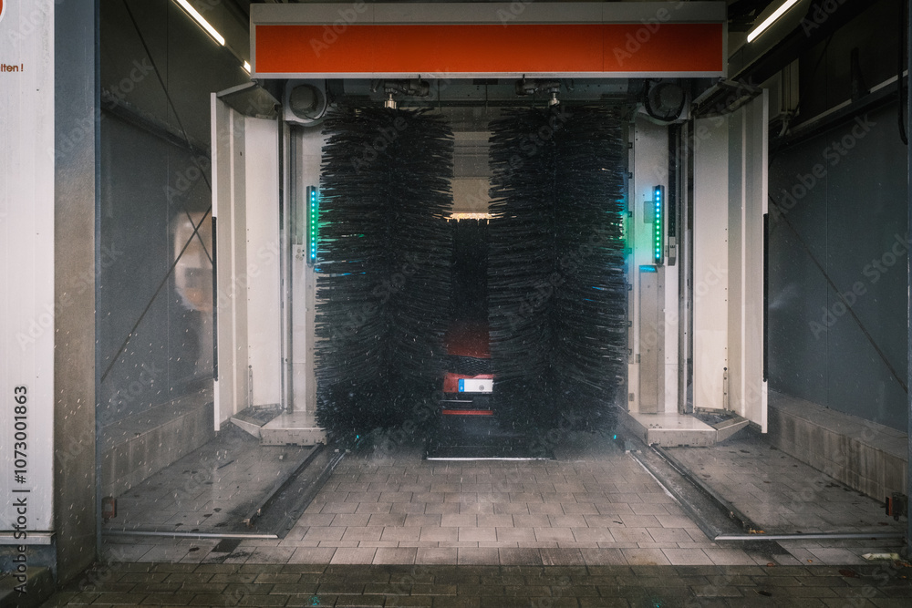 A car is washed in a car wash