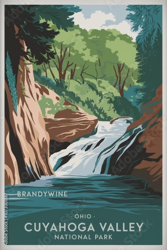 Vintage Travel Poster of Brandywine Falls in Cuyahoga Valley National Park, Ohio â€“ Natures Serenity, 1930s Design, Vibrant Green Landscape and Cascading Water photo