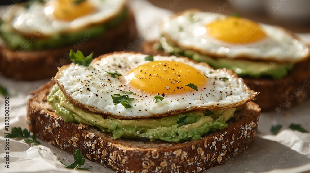Whole-Grain Toast with Smashed Avocado,Fried Egg,and Fresh Herbs for Inviting Morning Vibes Whole-Grain Toast with Smashed Avocado,Fried Egg,and Fresh Herbs for Inviting Morning Vibes