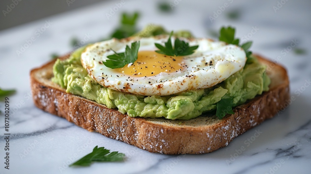 Closeup of Avocado Toast with Fried Egg on Marble Surface in Clean Lighting Closeup of Avocado Toast with Fried Egg on Marble Surface in Clean Lighting