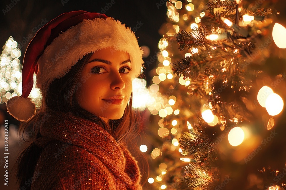 A woman wearing a sultry Santa outfit, standing next to a decorated tree with twinkling lights. A woman wearing a sultry Santa outfit, standing next to a decorated tree with twinkling lights.