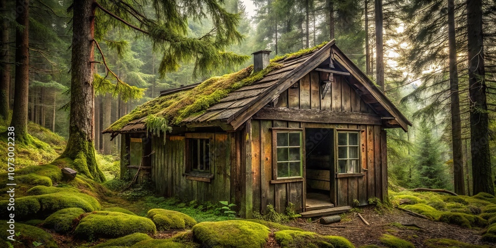 A Mossy Cabin Nestled in a Verdant Forest, Bathed in Soft Light, With a Gentle Breeze Stirring the Treetops A Mossy Cabin Nestled in a Verdant Forest, Bathed in Soft Light, With a Gentle Breeze Stirring the Treetops